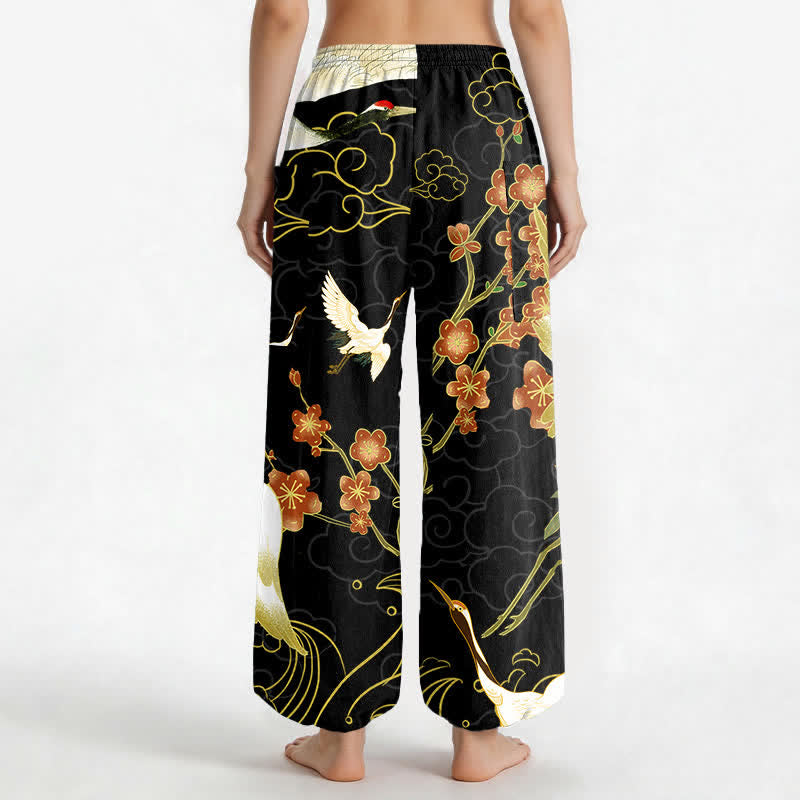Buddha Stones Cotton Oriental Crane Blossom Cloud Pattern Women's Elastic Waist Harem Pants With Side Pockets - image 2