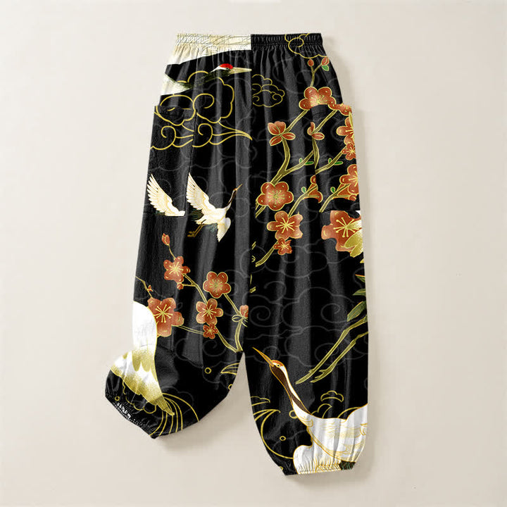 Buddha Stones Cotton Oriental Crane Blossom Cloud Pattern Women's Elastic Waist Harem Pants With Side Pockets - image 4