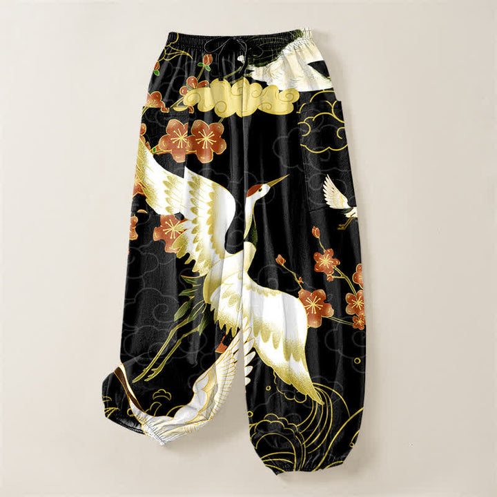 Buddha Stones Cotton Oriental Crane Blossom Cloud Pattern Women's Elastic Waist Harem Pants With Side Pockets - image 3