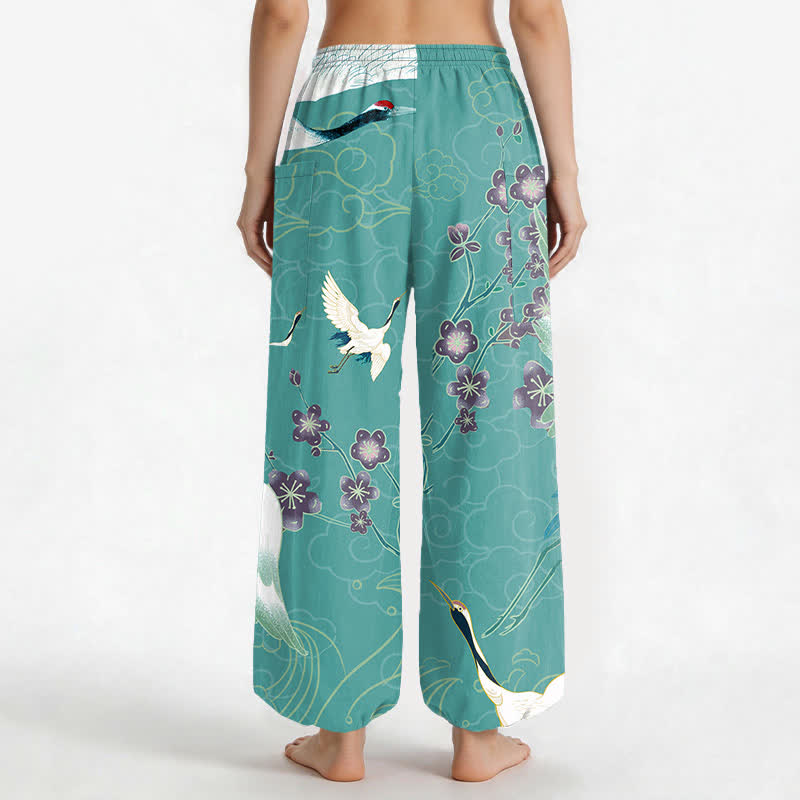 Buddha Stones Cotton Oriental Crane Blossom Cloud Pattern Women's Elastic Waist Harem Pants With Side Pockets - image 9
