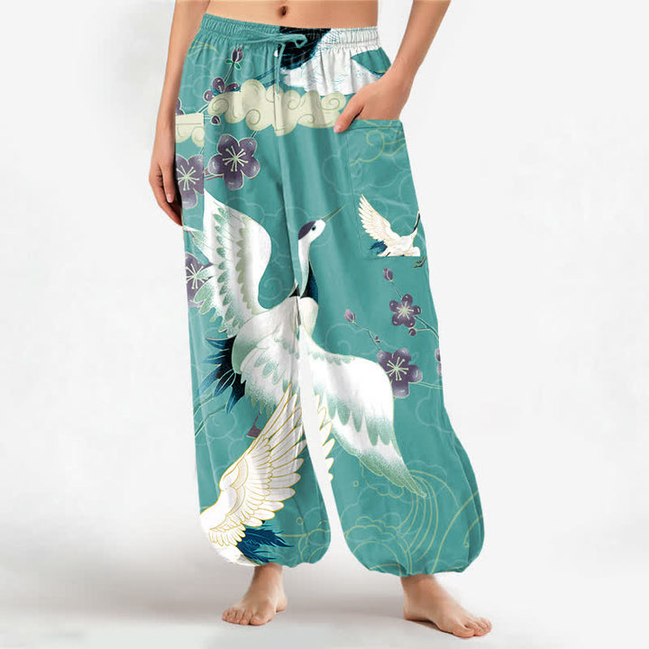 Buddha Stones Cotton Oriental Crane Blossom Cloud Pattern Women's Elastic Waist Harem Pants With Side Pockets - Turquoise - US16，UK/AU20，EU48 (3XL) - image 7