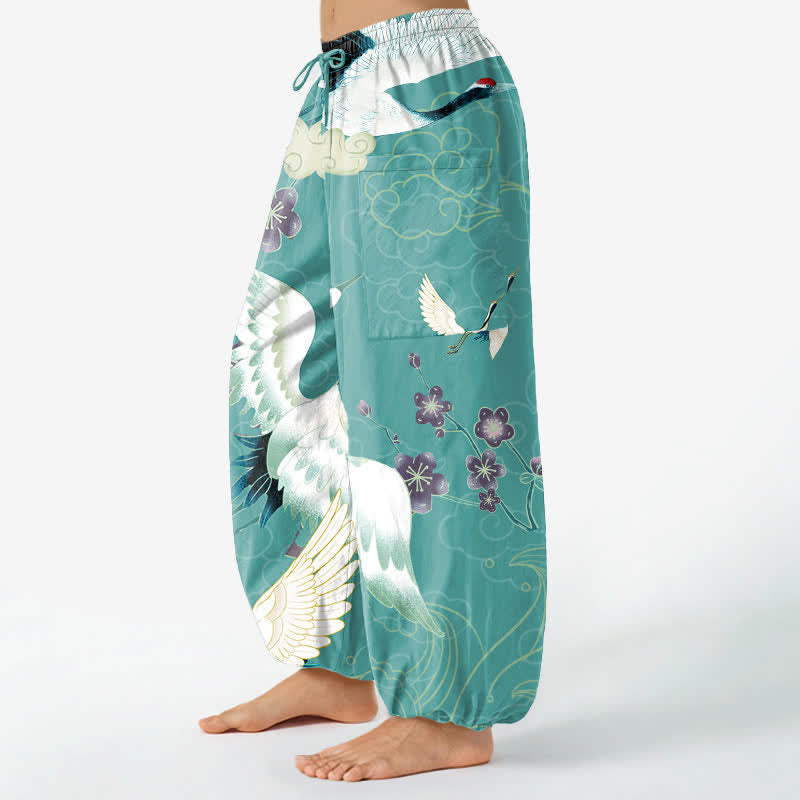 Buddha Stones Cotton Oriental Crane Blossom Cloud Pattern Women's Elastic Waist Harem Pants With Side Pockets - image 8