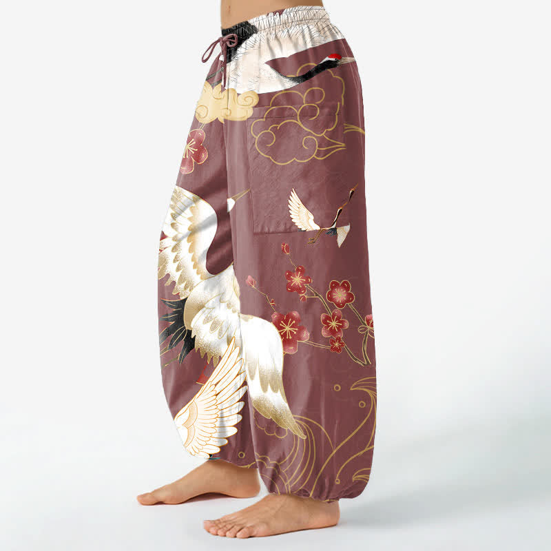 Buddha Stones Cotton Oriental Crane Blossom Cloud Pattern Women's Elastic Waist Harem Pants With Side Pockets - image 11