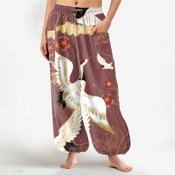 Buddha Stones Cotton Oriental Crane Blossom Cloud Pattern Women's Elastic Waist Harem Pants With Side Pockets - IndianRed - US16，UK/AU20，EU48 (3XL) - image 10