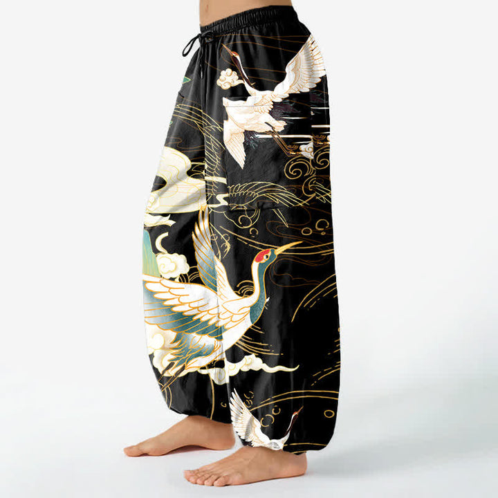 Buddha Stones Cotton Oriental Crane Wave Pattern Women's Elastic Waist Harem Pants With Side Pockets - image 1