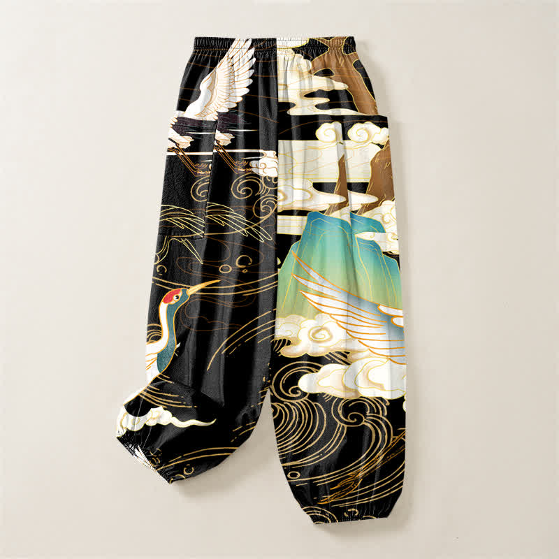 Buddha Stones Cotton Oriental Crane Wave Pattern Women's Elastic Waist Harem Pants With Side Pockets - image 4