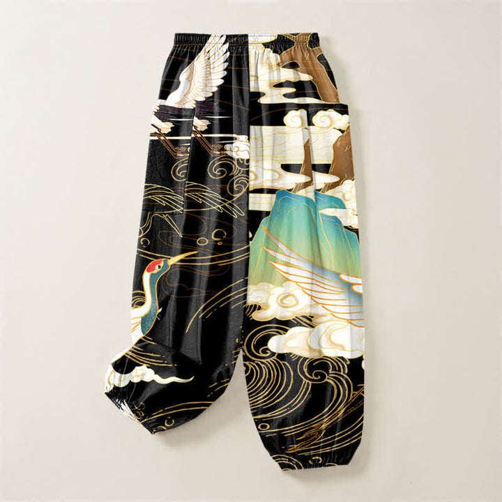 Buddha Stones Cotton Oriental Crane Wave Pattern Women's Elastic Waist Harem Pants With Side Pockets - image 4