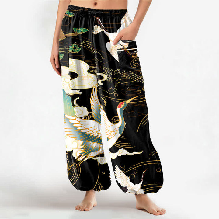 Buddha Stones Cotton Oriental Crane Wave Pattern Women's Elastic Waist Harem Pants With Side Pockets - Black - US16，UK/AU20，EU48 (3XL) - image 0