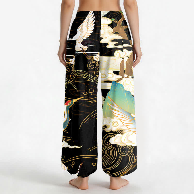 Buddha Stones Cotton Oriental Crane Wave Pattern Women's Elastic Waist Harem Pants With Side Pockets - image 2