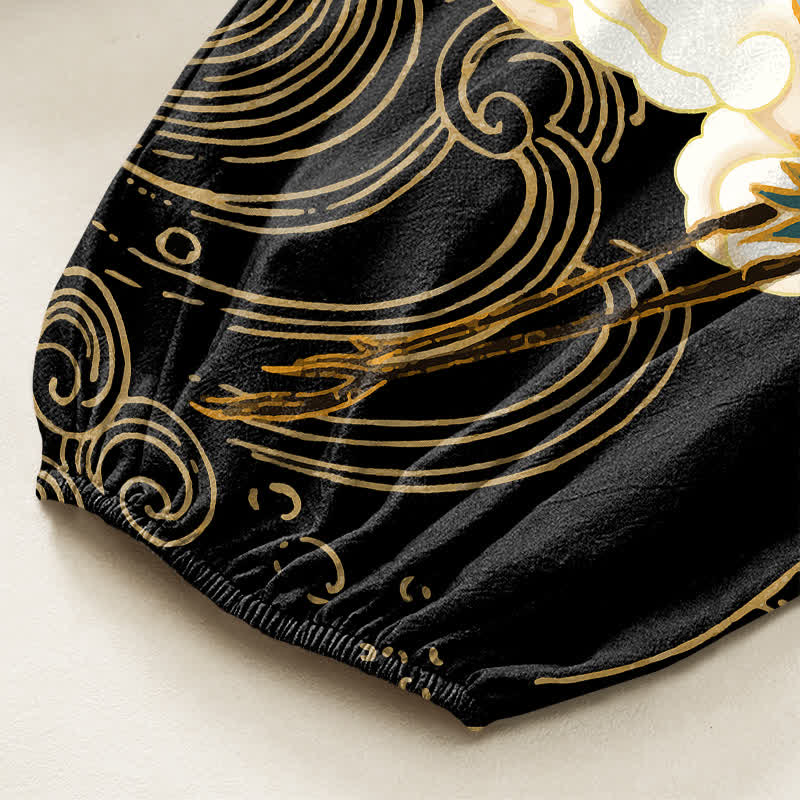 Buddha Stones Cotton Oriental Crane Wave Pattern Women's Elastic Waist Harem Pants With Side Pockets - image 6