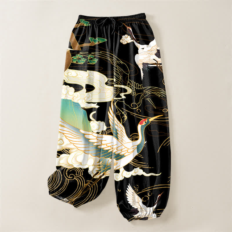 Buddha Stones Cotton Oriental Crane Wave Pattern Women's Elastic Waist Harem Pants With Side Pockets - image 3