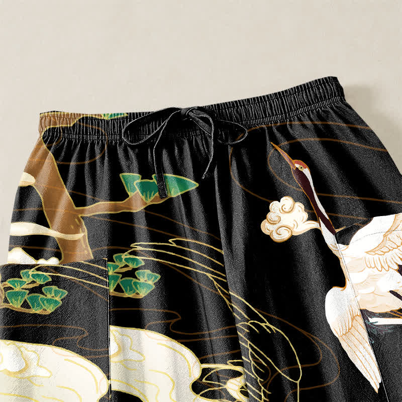 Buddha Stones Cotton Oriental Crane Wave Pattern Women's Elastic Waist Harem Pants With Side Pockets - image 5