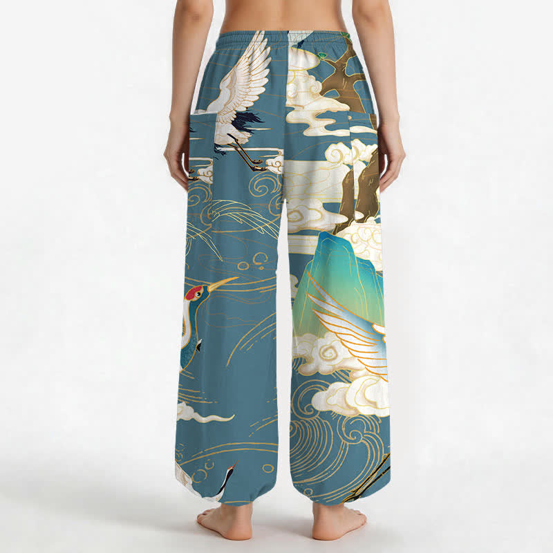 Buddha Stones Cotton Oriental Crane Wave Pattern Women's Elastic Waist Harem Pants With Side Pockets - image 9