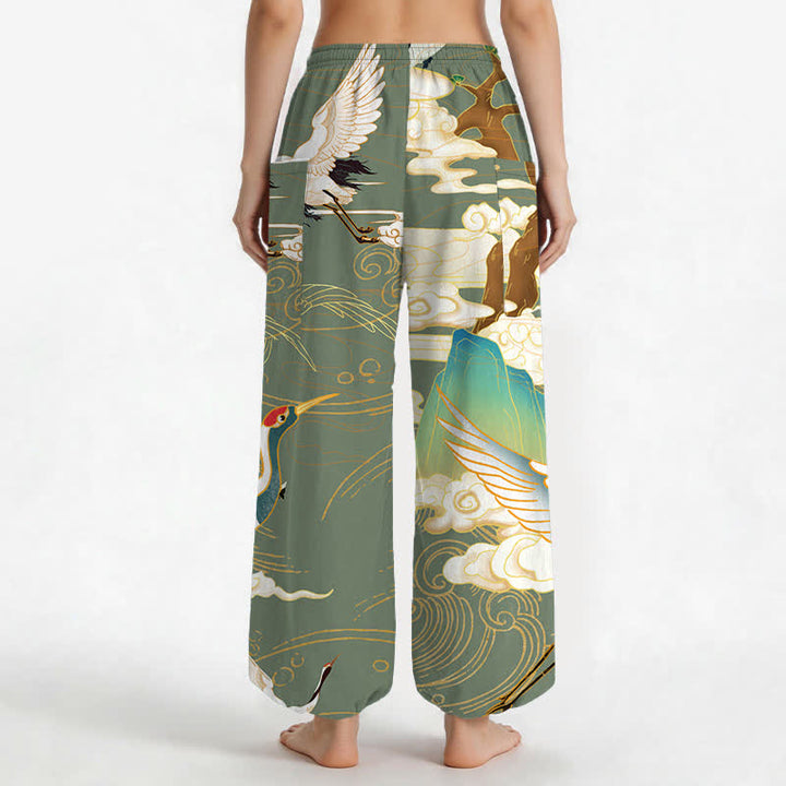 Buddha Stones Cotton Oriental Crane Wave Pattern Women's Elastic Waist Harem Pants With Side Pockets - image 12