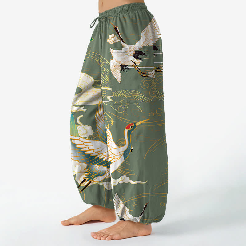 Buddha Stones Cotton Oriental Crane Wave Pattern Women's Elastic Waist Harem Pants With Side Pockets - image 11