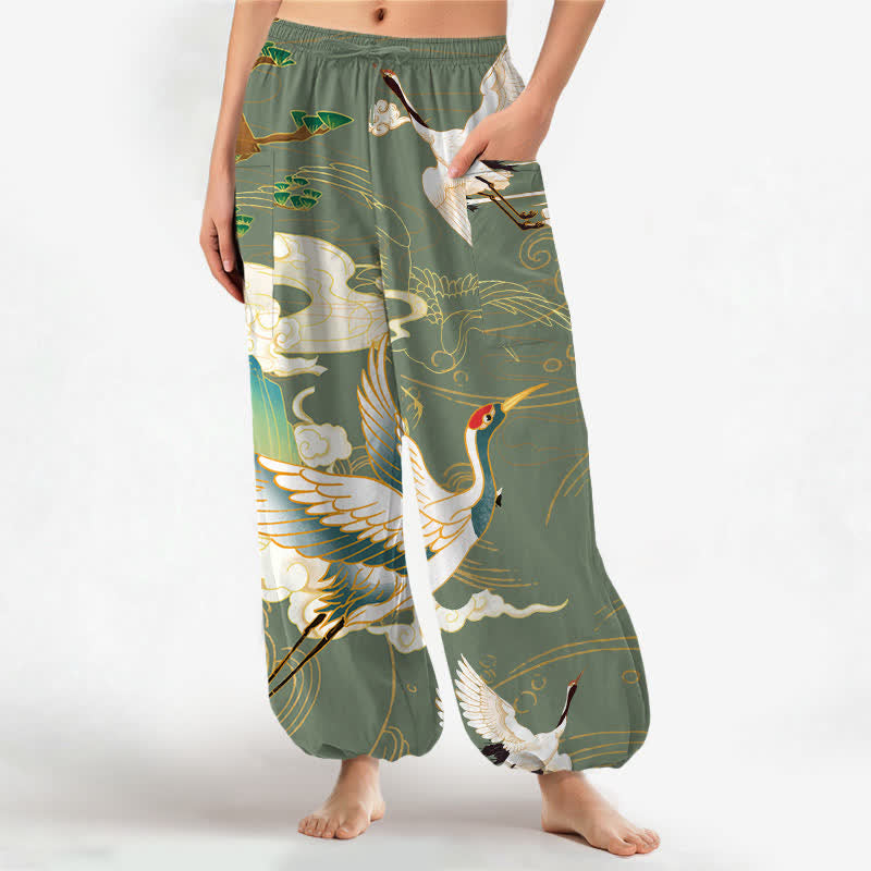 Buddha Stones Cotton Oriental Crane Wave Pattern Women's Elastic Waist Harem Pants With Side Pockets - OliveDrab - US16，UK/AU20，EU48 (3XL) - image 10