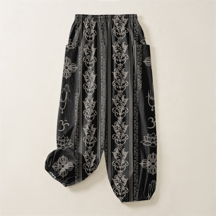 Buddha Stones Cotton Lotus Flowers Double Dorje Vajra Namaste OM Pattern Women's Elastic Waist Harem Pants With Side Pockets - image 4
