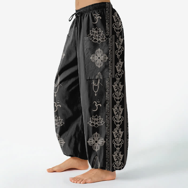 Buddha Stones Cotton Lotus Flowers Double Dorje Vajra Namaste OM Pattern Women's Elastic Waist Harem Pants With Side Pockets - image 1