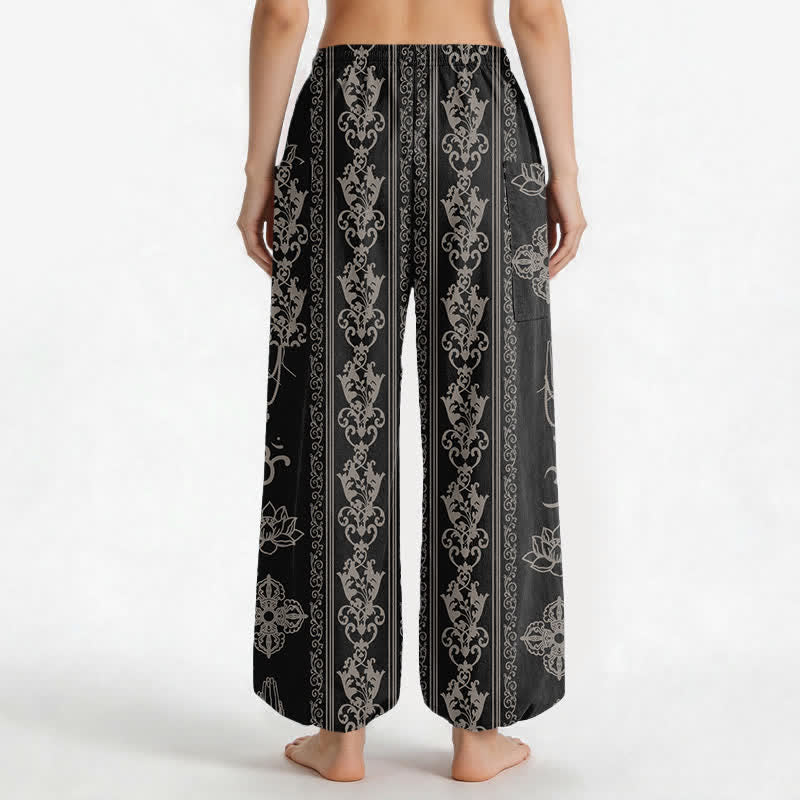 Buddha Stones Cotton Lotus Flowers Double Dorje Vajra Namaste OM Pattern Women's Elastic Waist Harem Pants With Side Pockets - image 2