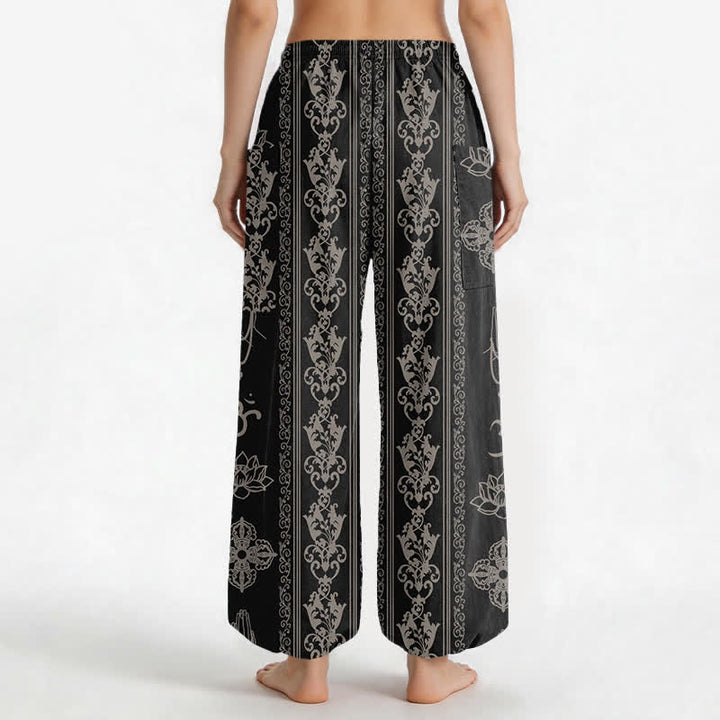 Buddha Stones Cotton Lotus Flowers Double Dorje Vajra Namaste OM Pattern Women's Elastic Waist Harem Pants With Side Pockets - image 2