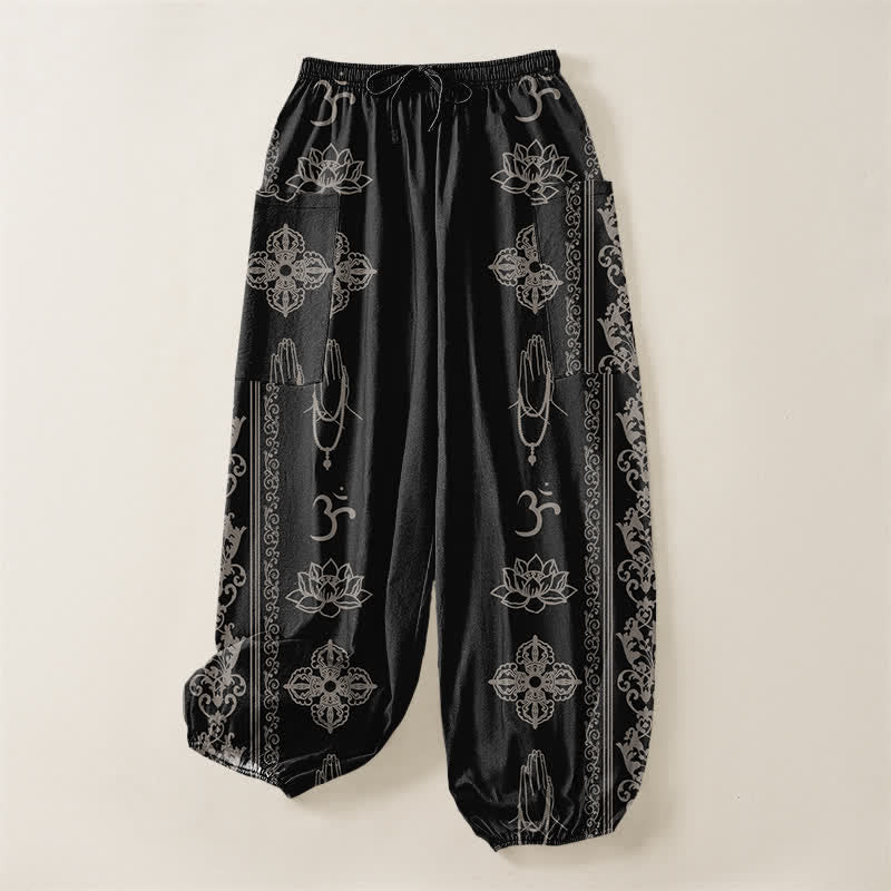 Buddha Stones Cotton Lotus Flowers Double Dorje Vajra Namaste OM Pattern Women's Elastic Waist Harem Pants With Side Pockets - image 3