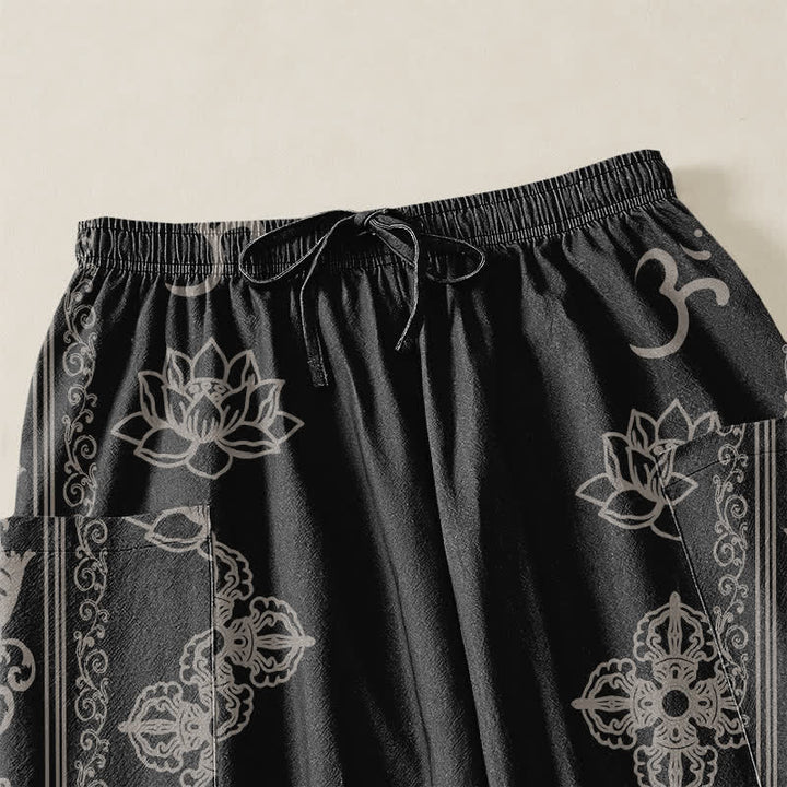 Buddha Stones Cotton Lotus Flowers Double Dorje Vajra Namaste OM Pattern Women's Elastic Waist Harem Pants With Side Pockets - image 5