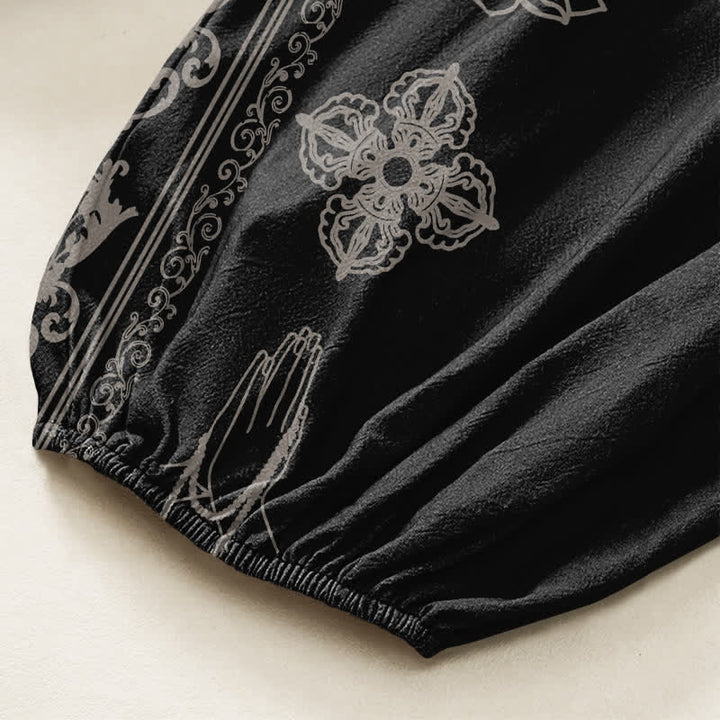 Buddha Stones Cotton Lotus Flowers Double Dorje Vajra Namaste OM Pattern Women's Elastic Waist Harem Pants With Side Pockets - image 6