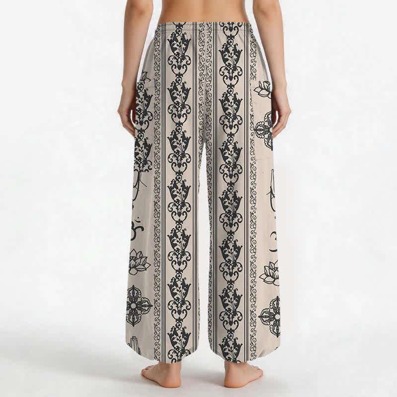 Buddha Stones Cotton Lotus Flowers Double Dorje Vajra Namaste OM Pattern Women's Elastic Waist Harem Pants With Side Pockets - image 9