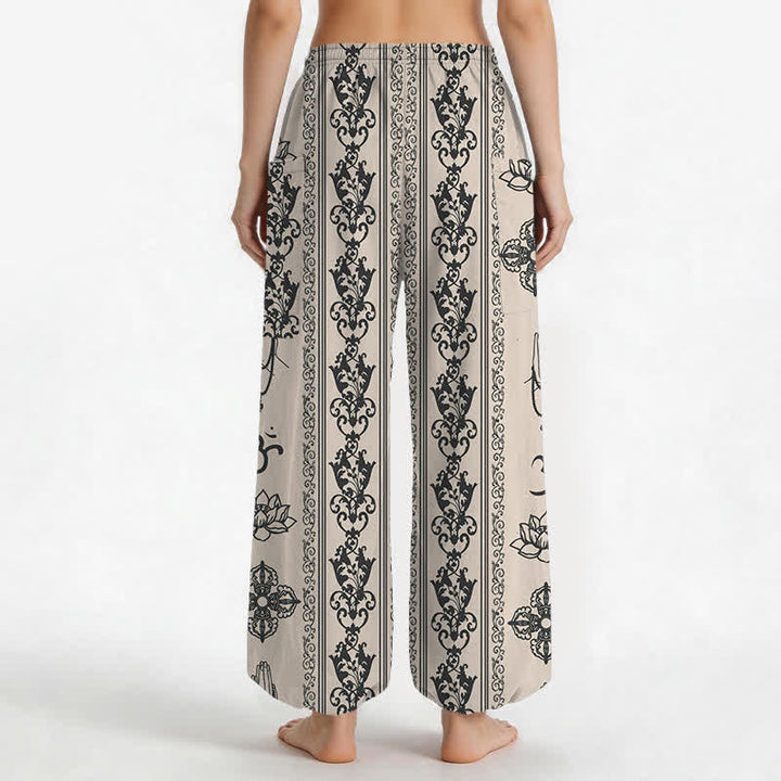 Buddha Stones Cotton Lotus Flowers Double Dorje Vajra Namaste OM Pattern Women's Elastic Waist Harem Pants With Side Pockets - image 9