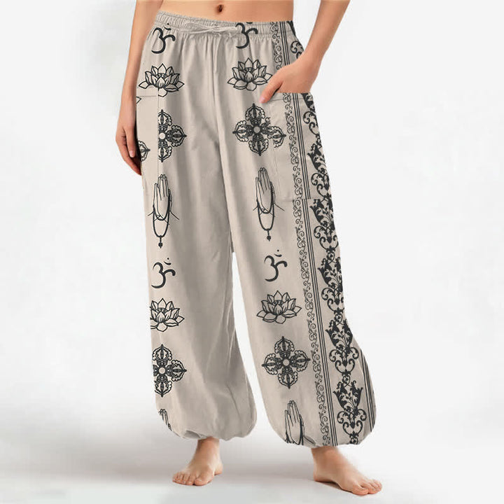 Buddha Stones Cotton Lotus Flowers Double Dorje Vajra Namaste OM Pattern Women's Elastic Waist Harem Pants With Side Pockets - Beige - US16，UK/AU20，EU48 (3XL) - image 7
