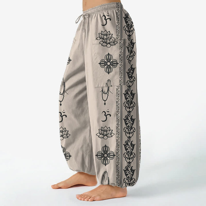 Buddha Stones Cotton Lotus Flowers Double Dorje Vajra Namaste OM Pattern Women's Elastic Waist Harem Pants With Side Pockets - image 8