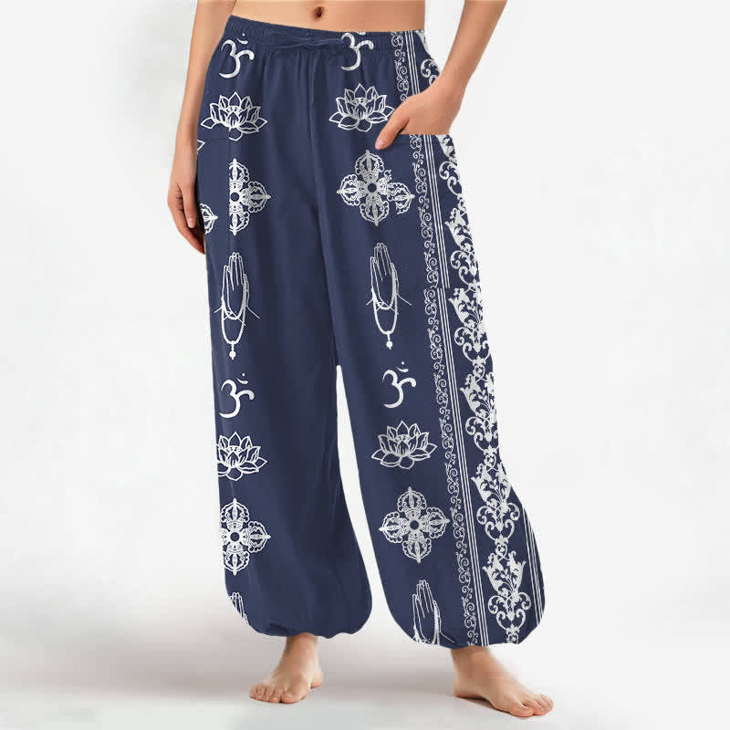 Buddha Stones Cotton Lotus Flowers Double Dorje Vajra Namaste OM Pattern Women's Elastic Waist Harem Pants With Side Pockets - SteelBlue - US16，UK/AU20，EU48 (3XL) - image 10