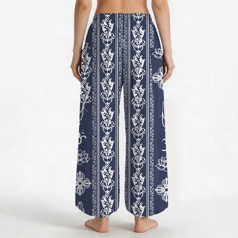 Buddha Stones Cotton Lotus Flowers Double Dorje Vajra Namaste OM Pattern Women's Elastic Waist Harem Pants With Side Pockets - image 12