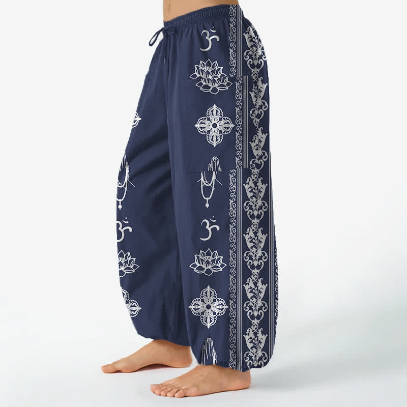 Buddha Stones Cotton Lotus Flowers Double Dorje Vajra Namaste OM Pattern Women's Elastic Waist Harem Pants With Side Pockets - image 11