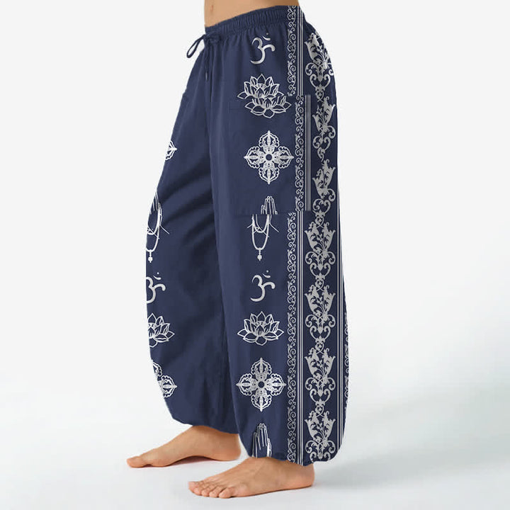 Buddha Stones Cotton Lotus Flowers Double Dorje Vajra Namaste OM Pattern Women's Elastic Waist Harem Pants With Side Pockets - image 11