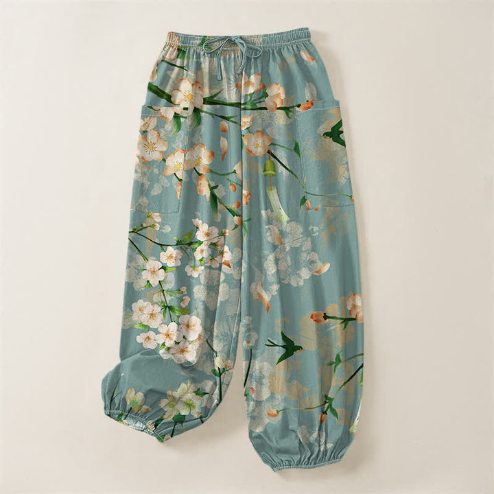 Buddha Stones Cotton Peach Blossoms Flying Birds Pattern Women's Elastic Waist Harem Pants With Side Pockets - image 3