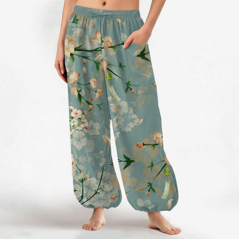 Buddha Stones Cotton Peach Blossoms Flying Birds Pattern Women's Elastic Waist Harem Pants With Side Pockets - CadetBlue - US16，UK/AU20，EU48 (3XL) - image 0
