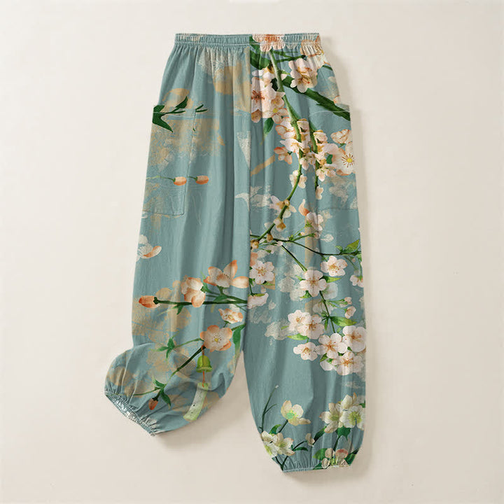 Buddha Stones Cotton Peach Blossoms Flying Birds Pattern Women's Elastic Waist Harem Pants With Side Pockets - image 4