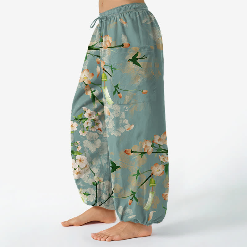 Buddha Stones Cotton Peach Blossoms Flying Birds Pattern Women's Elastic Waist Harem Pants With Side Pockets - image 1