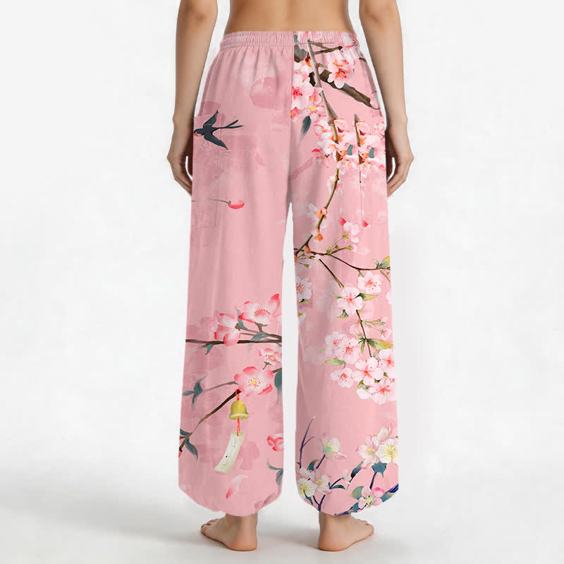 Buddha Stones Cotton Peach Blossoms Flying Birds Pattern Women's Elastic Waist Harem Pants With Side Pockets - image 9