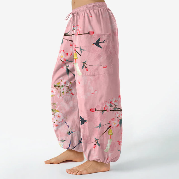Buddha Stones Cotton Peach Blossoms Flying Birds Pattern Women's Elastic Waist Harem Pants With Side Pockets - image 8