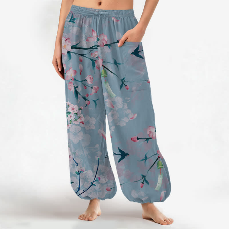 Buddha Stones Cotton Peach Blossoms Flying Birds Pattern Women's Elastic Waist Harem Pants With Side Pockets - LightSteelBlue - US16，UK/AU20，EU48 (3XL) - image 10