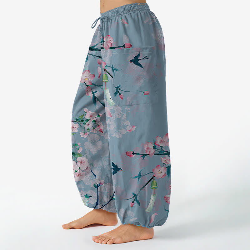 Buddha Stones Cotton Peach Blossoms Flying Birds Pattern Women's Elastic Waist Harem Pants With Side Pockets - image 11