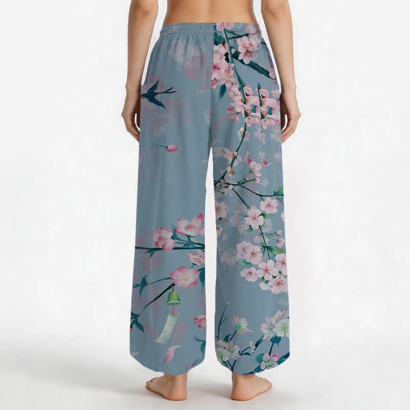 Buddha Stones Cotton Peach Blossoms Flying Birds Pattern Women's Elastic Waist Harem Pants With Side Pockets - image 12