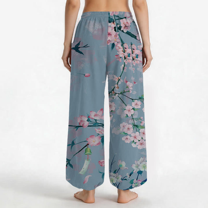 Buddha Stones Cotton Peach Blossoms Flying Birds Pattern Women's Elastic Waist Harem Pants With Side Pockets - image 12
