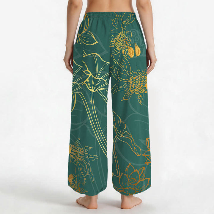 Buddha Stones Cotton Golden Lotus Koi Fish Pattern Women's Elastic Waist Harem Pants With Side Pockets - image 2