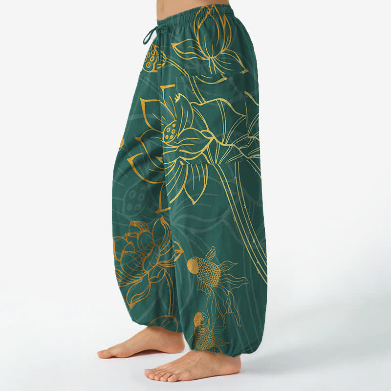 Buddha Stones Cotton Golden Lotus Koi Fish Pattern Women's Elastic Waist Harem Pants With Side Pockets - image 1