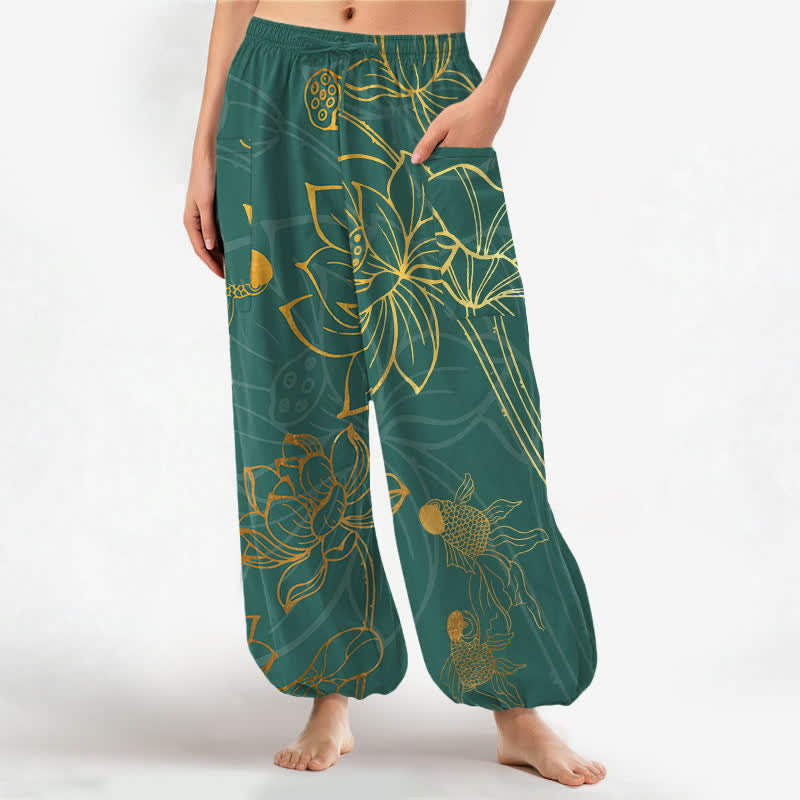 Buddha Stones Cotton Golden Lotus Koi Fish Pattern Women's Elastic Waist Harem Pants With Side Pockets - Teal - US16，UK/AU20，EU48 (3XL) - image 0