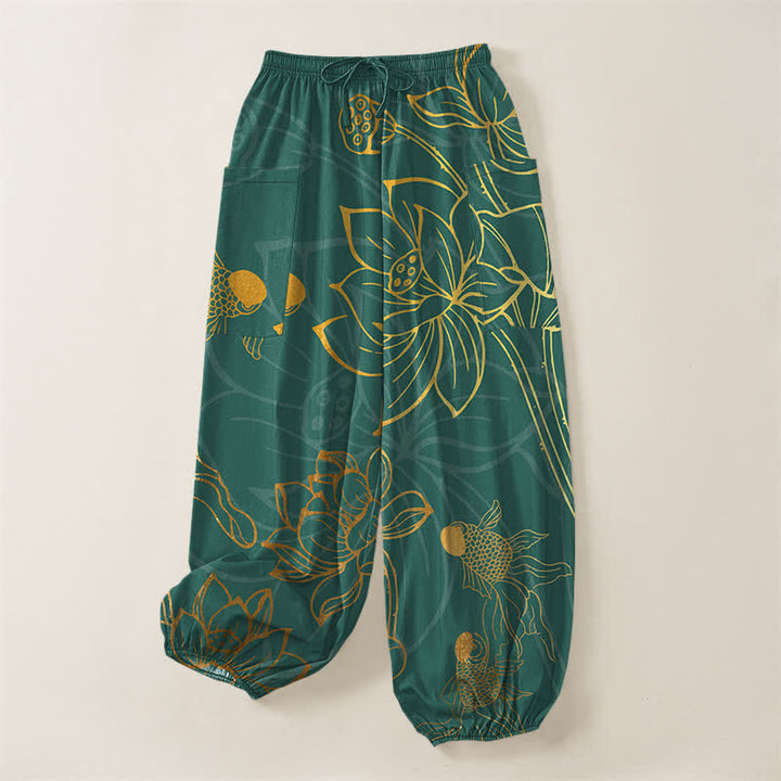 Buddha Stones Cotton Golden Lotus Koi Fish Pattern Women's Elastic Waist Harem Pants With Side Pockets - image 3