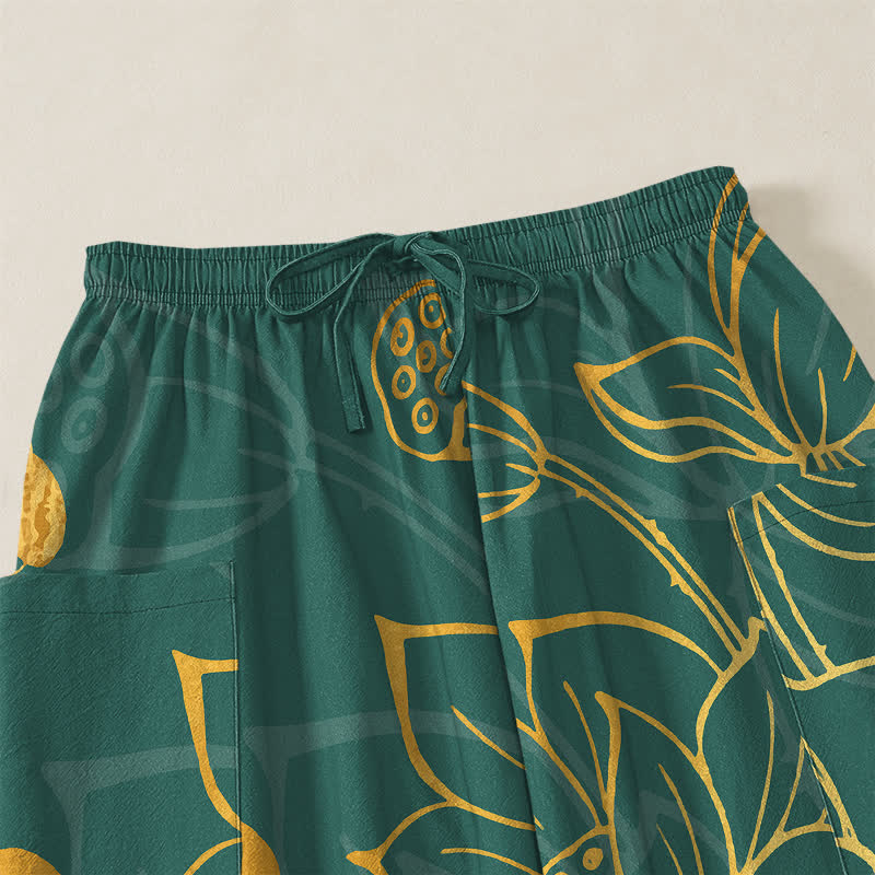 Buddha Stones Cotton Golden Lotus Koi Fish Pattern Women's Elastic Waist Harem Pants With Side Pockets - image 5